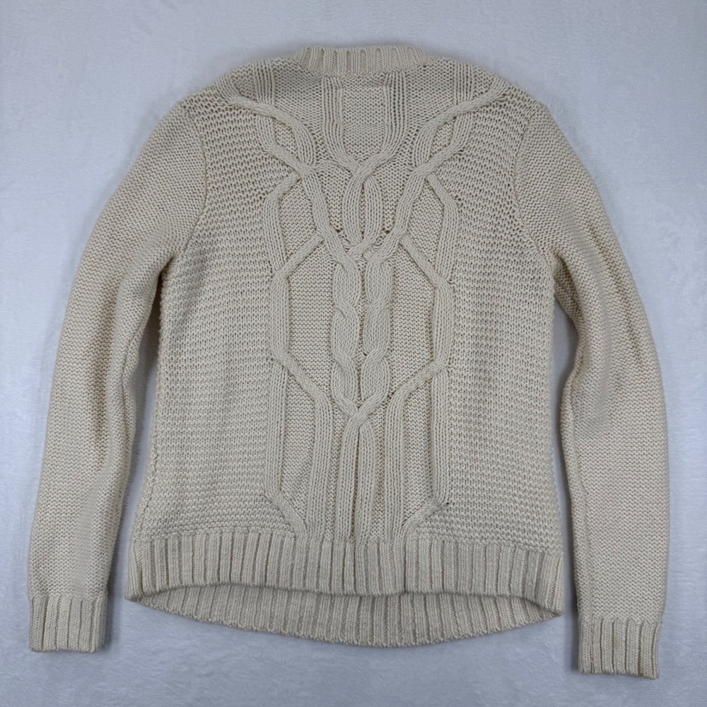 Abercrombie Fitch Cream Cable Fisherman Knit Crew Neck Sweater Women Size L - Picture 8 of 9